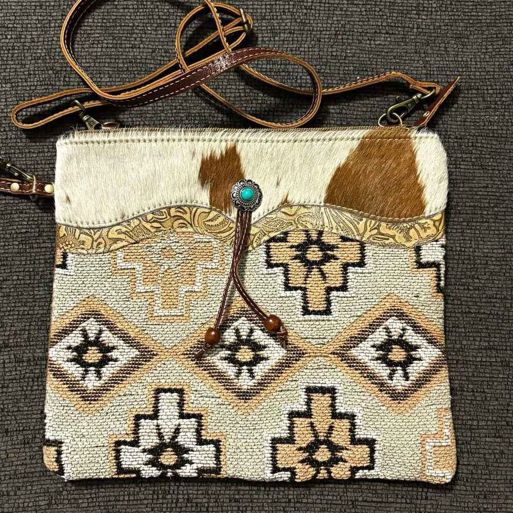 Myra Bag Cowhide Hair-On Leather Crossbody Purse Western Boho Turquoise Concho